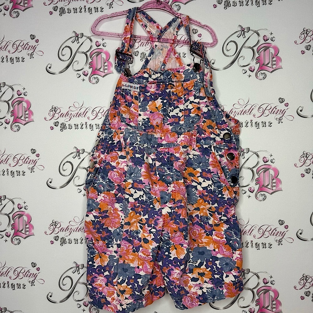 Alley cats overalls kids vintage floral flowers 💐 purple orange blue pink white